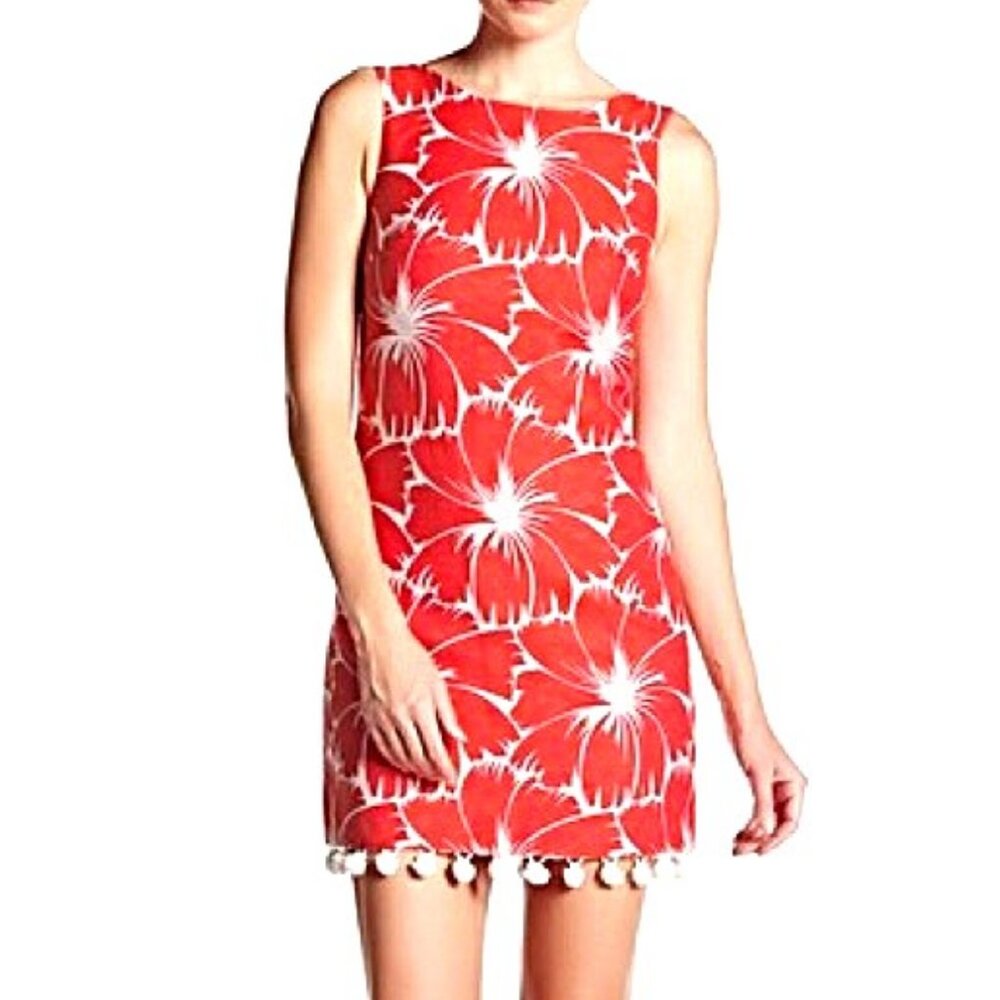 NEW Trina Turk Dress Pompoms Floral Coral Red White Lined Style Pleasant NWT